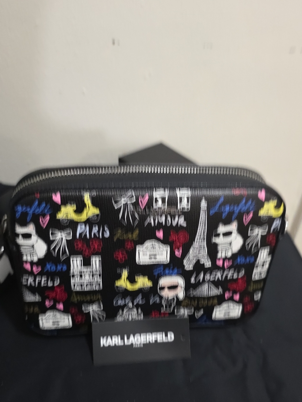 Karl Lagerfeld Black Paris Doodle Cosmetic Pouch with Multicolor Accents